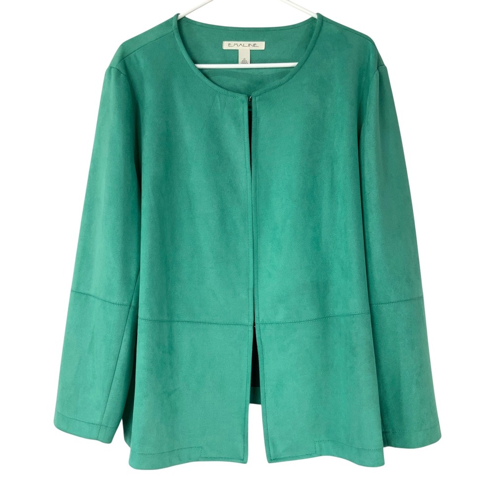Emaline Emerald Green Faux Suede Jacket 1X Hook & Eye Crew Neck Long Sleeve Soft